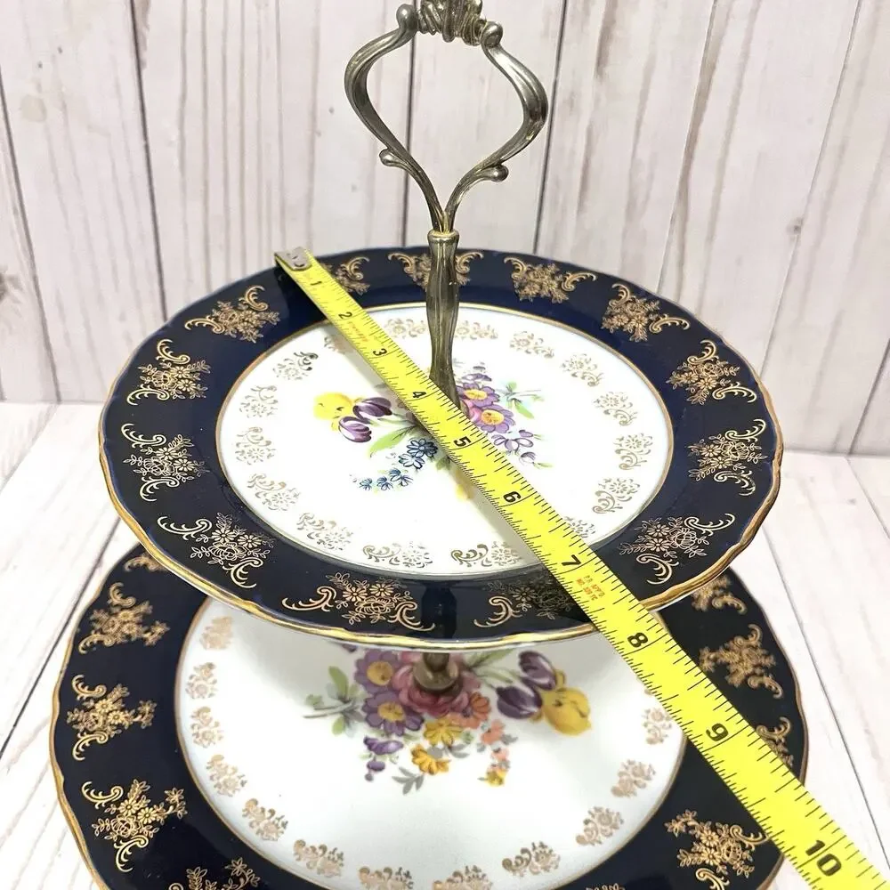 Vintage A-I Czech Republic Design 2 Tier Porcelain Serving Stand Cobalt Floral
